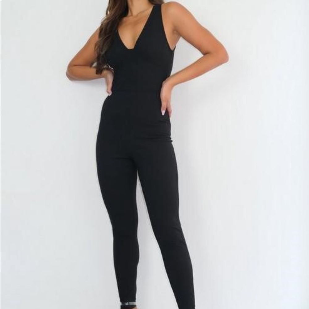 Black Rib Plunge Junpsuit